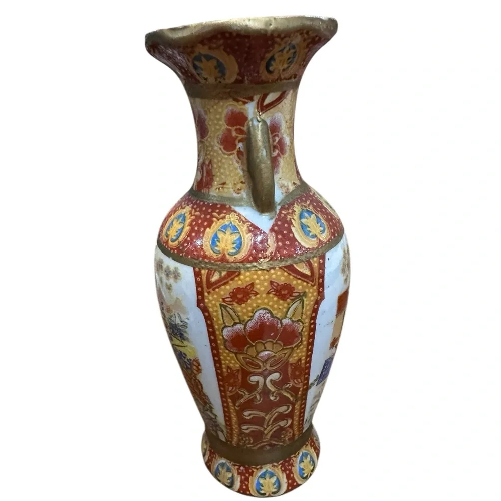 Vintage Satsuma Style Vase Made‎ in China Hand Painted Floral Village 6”